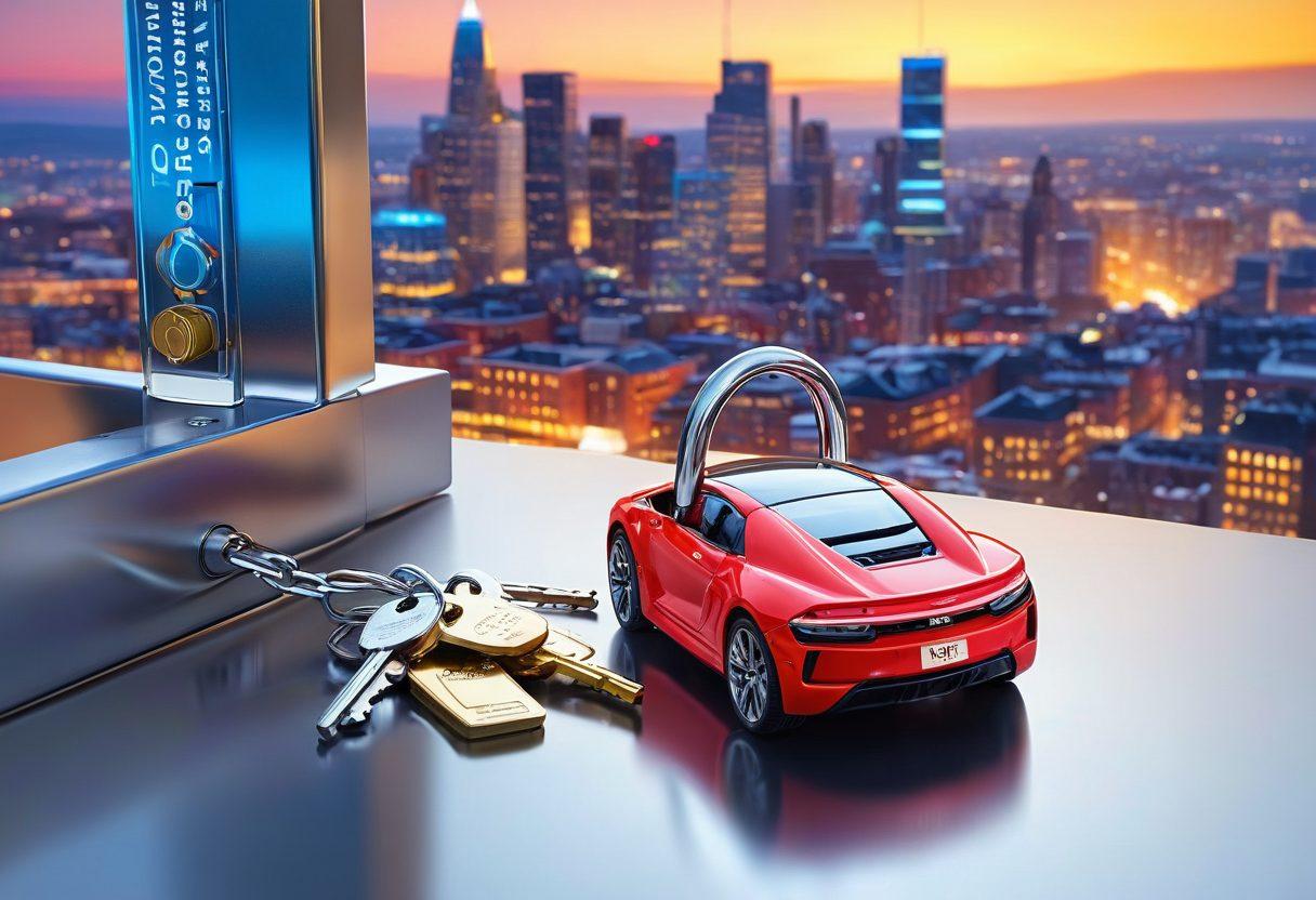 A detailed illustration of a car key unlocking a large padlock made of car insurance policy documents, set against a vibrant city skyline. Include various colorful symbols of affordability, such as coins and discounts, around the key and lock to enhance the theme of finding secrets. Capture a sense of discovery and protection in the image. super-realistic. vibrant colors. white background.