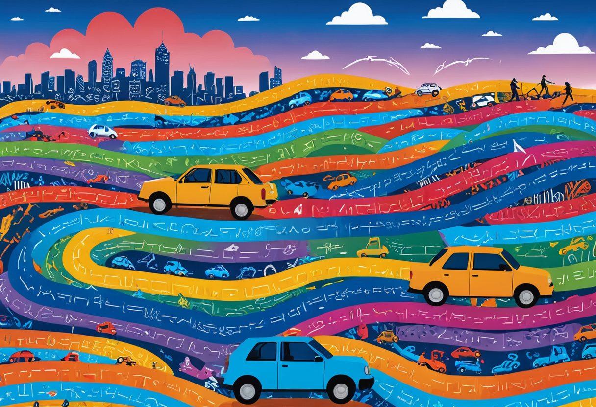 An intricate maze designed with vehicle silhouettes and insurance documents scattered throughout, symbolizing the journey of navigating vehicle insurance. In the foreground, a person is thoughtfully analyzing options while surrounded by signs indicating low rates and various policy features. The background features a bright blue sky and playful clouds, enhancing a sense of hope and discovery. vibrant colors. illustration.